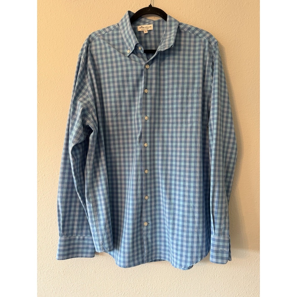 Peter Millar Shirt Summer Comfort‎ Men Large Blue Plaid Lightweight Breathable